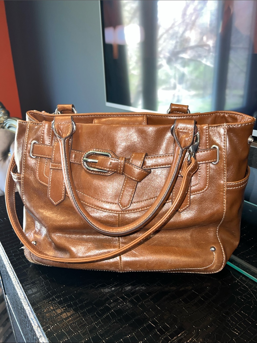 Tignanello Polished Cognac Leather Convertible Hobo 🥐👜